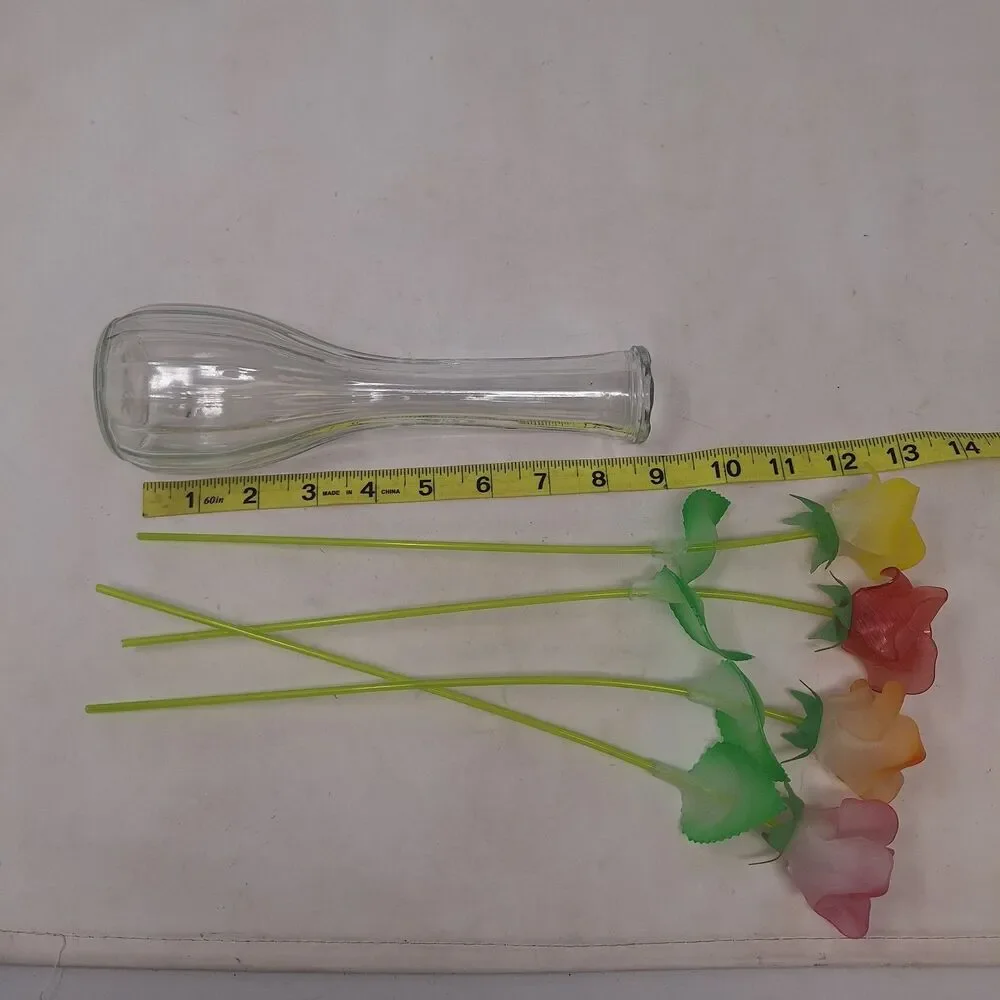 Artificial Floral Arrangement Glass Bud Single Stem Vase Colorful Plastic Roses